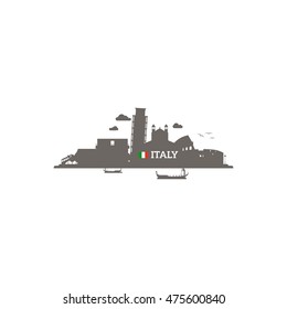 Italy skyline silhouette with name of country and flag. Vector illustration
