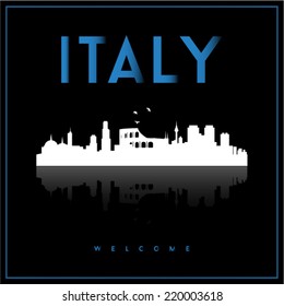 Italy, skyline silhouette vector design on parliament blue and black background.