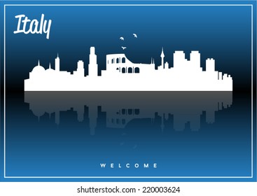 Italy skyline silhouette vector design on parliament blue and black background.