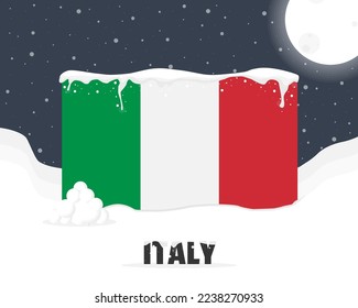 Italy snowy weather concept, cold weather and snowfall, Italy weather forecast winter banner idea, snow cap on flag with snowballs and moon, blizzard and adverse weather conditions