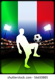 Italy Soccer Player with Flag on Stadium Background Original Illustration