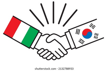 Italy and South Korea, hands with national flags shake hands. Image illustrations of wars, conflicts, alliances, reconciliations, agreements between nations, icons.