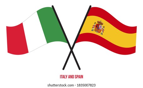Italy and Spain Flags Crossed And Waving Flat Style. Official Proportion. Correct Colors.