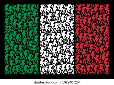 Italy state flag flat collage constructed of electric strike icons on a black background. Vector electric strike objects are arranged into geometric Italian flag abstraction.