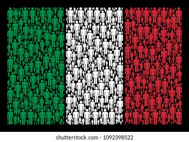 Italy state flag flat composition formed from man user items on a black background. Vector man user objects are grouped into geometric Italy flag collage.
