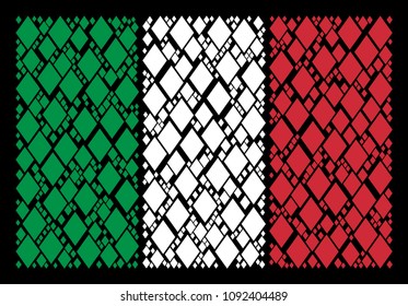 Italy state flag flat composition organized from filled rhombus icons on a black background. Vector filled rhombus design elements are composed into conceptual Italy flag abstraction.