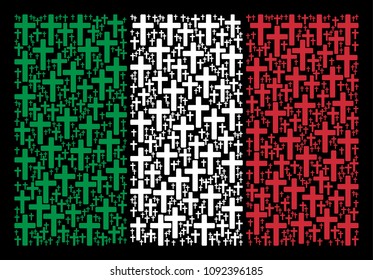 Italy state flag flat concept done from religious cross items on a black background. Vector religious cross pictograms are composed into geometric Italy flag collage.