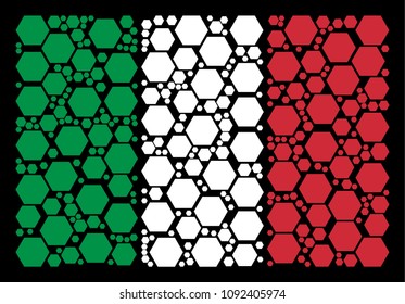 Italy state flag flat concept formed of filled hexagon items on a black background. Vector filled hexagon symbols are united into conceptual Italy flag illustration.