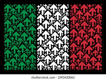 Italy state flag flat concept combined of arrow direction items on a black background. Vector arrow direction symbols are united into geometric Italy flag illustration.