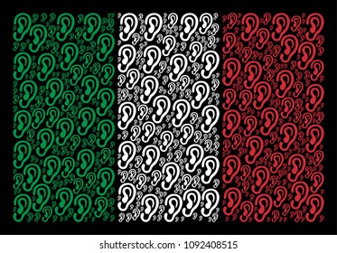 Italy state flag flat mosaic done of ear icons on a black background. Vector ear objects are combined into abstract Italian flag collage.