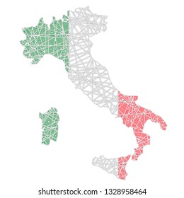 Italy stylized map shaped on tangled textured national flag