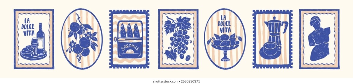 Italy summer food poster print, vector hand drawn travel eatery lemon orange silhouette illustration. Traditional Italian mediterranean object illustration, wine bottle, sardine. Italy poster frame