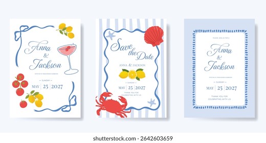 Vetor de cartão de convite de festa de verão da Itália. Cartaz italiano com limão, caranguejo, tomate, concha, vinho. Design para cartão de casamento, cartão de saudação, capa, cartaz.