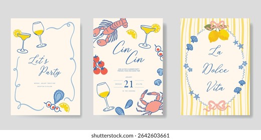 Italy summer party invitation card vector. Italian poster with lemon, leaves, lobster, wine, cheese, tomato, crab, shell in line art. Design for wedding card, greeting card, cover, poster.