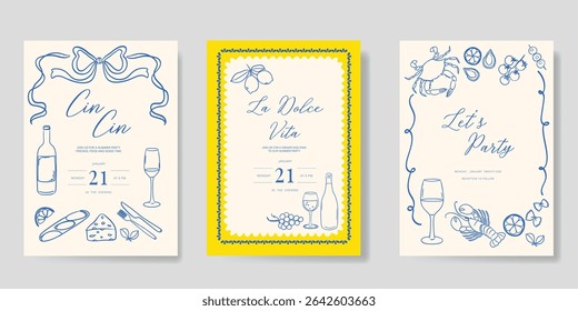 Italy summer party invitation card vector. Italian poster with lemon, leaves, lobster, wine, cheese, tomato in line art. Design for wedding card, greeting card, cover, poster.