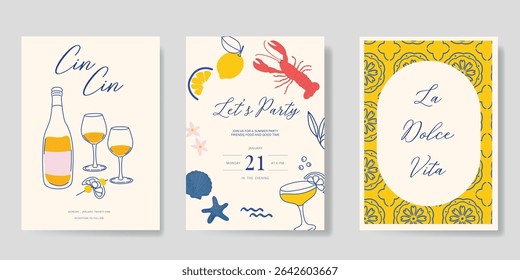 Italy summer party invitation card vector. Italian poster with lemon, leaves, lobster, wine, shell, starfish in line art. Design for wedding card, greeting card, cover, poster.