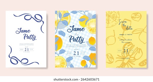 Italy summer party invitation card vector. Italian poster with lemon, leaves, lobster, wine. Design for wedding card, greeting card, cover, poster.