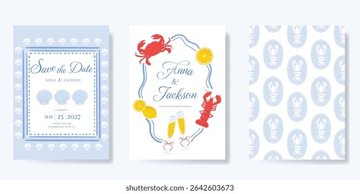 Italy summer party invitation card vector. Italian poster with lemon, crab, wine, lobster, pattern. Design for wedding card, greeting card, cover, poster.