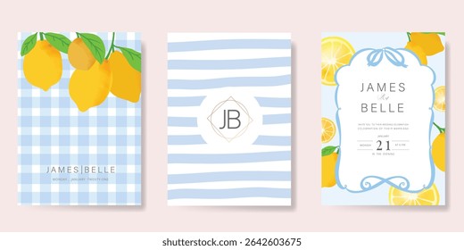 Italy summer party invitation card vector. Italian poster with lemon, ribbon frame. Design for wedding card, greeting card, cover, poster.