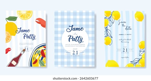Italy summer party invitation card vector. Italian poster with lemon, pasta, crab, wine, leaves line art. Design for wedding card, greeting card, cover, poster.