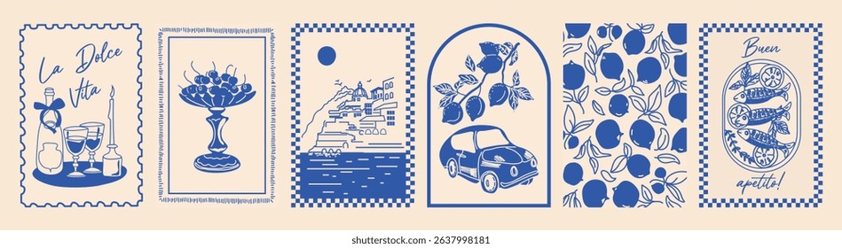 Italy summer print. Hand drawn postcard set. Amalfi, lemon, wine, frame. Blue coast vibe. Vintage travel style. Simple dolce vita look.