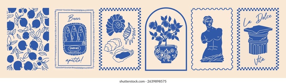 Italy summer print. Hand drawn postcard set. Amalfi, lemon, statue,wine, frame. Blue coast vibe. Vintage travel style. Simple dolce vita look.	
