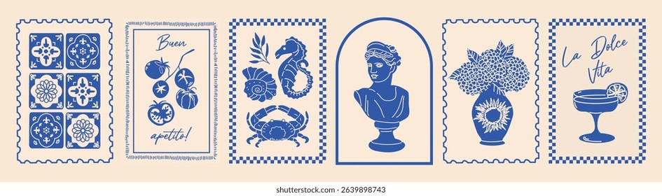 Italy summer print. Hand drawn postcard set. Amalfi, lemon, statue,wine, frame. Blue coast vibe. Vintage travel style. Simple dolce vita look.	