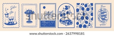 Italy summer print. Hand drawn postcard set. Amalfi, lemon, wine, frame. Blue coast vibe. Vintage travel style. Simple dolce vita look.