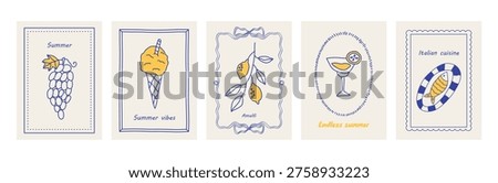Italy summer print. Hand drawn postcard set. Gelato, lemon,cocktail, grapes, frame. Blue coast vibe. Vintage travel style. Simple dolce vita look.