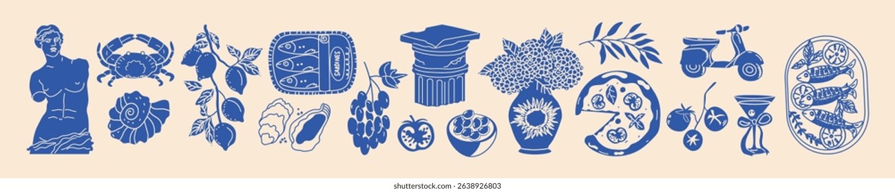 Italy summer set. Hand-drawn food and travel icons. Lemon, wine, fish, statue. Mediterranean coast. Simple vector style.