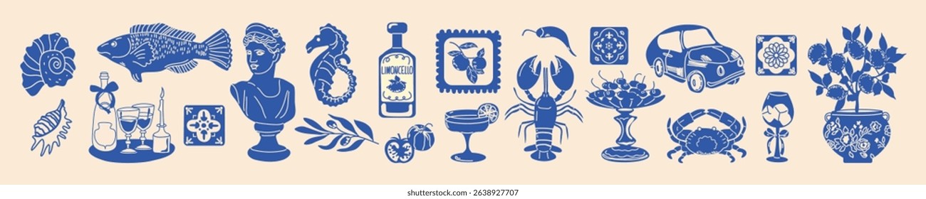 Italy summer set. Hand-drawn food and travel icons. Lemon, wine, fish, statue. Mediterranean coast. Simple vector style.