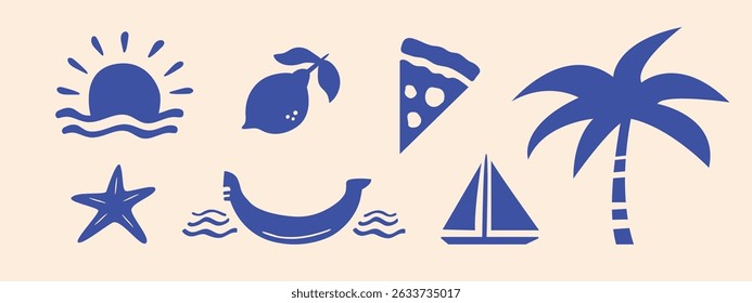 Italy summer travel icon set, hand drawn vacation symbols silhouettes. Traditional Mediterranean signs cadres kit, minimalist poster collection. Isolated. Vector illustration