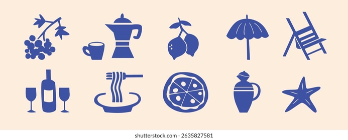 Italy summer travel icon set, hand drawn vacation symbols silhouettes. Traditional Mediterranean signs cadres kit, minimalist poster collection. Isolated. Vector illustration