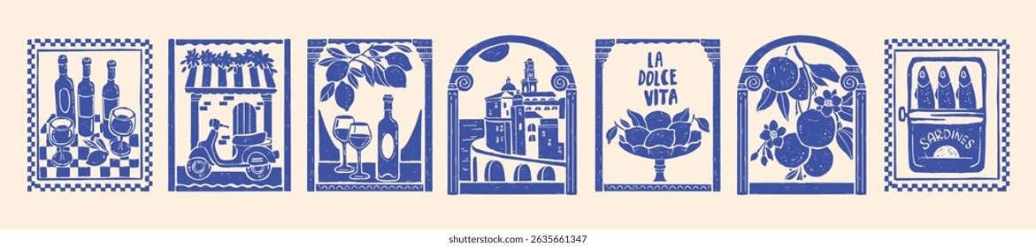 Italy summer travel poster print, hand drawn Italian aesthetic postcard, Dolce Vita vacation design. Blue Mediterranean frame set, wine bottle, Amalfi lemon postcard graphic. Italy summer illustration