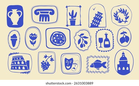 Itália verão carimbo carta quadro conjunto, desenhado à mão bordas silhueta emblema postal. Kit tradicional mediterrâneo de monogramas de quadros, cartaz minimalista. Isolado. Ilustração vetorial 