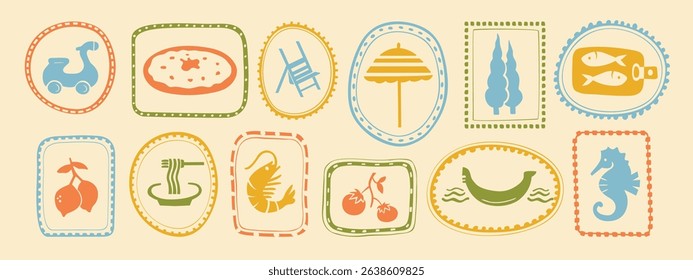 Italy summer travel stamp letter frame set, hand drawn vacation borders silhouette postal emblem. Traditional Mediterranean monograms cadres kit, minimalist poster. Isolated. Vector illustration
