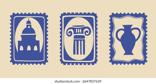 Italy summer travel stamp letter frame set, hand drawn vacation borders silhouette postal emblem. Traditional Mediterranean monograms cadres kit, minimalist poster. Isolated. Vector illustration
