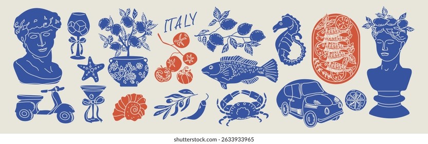 Italy summer vacation elements set. Hand drawn vintage doodle drawing.  Statues, wine, flowers in a vase, wine glass. Sea weekend or rest collection for invitations to beach party, picnic, wedding. 