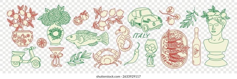 Italy summer vacation illustrations. Hand drawn mediterranean travel beach sticker set. Vector Italian traditional food print, Amalfi coastal aesthetic print, scooter, car, wine glass. 