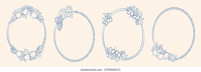 Italy summer vintage  frames set. Vector illustrations in ink line doodle sketch. Oval, arch with elements of lemons, olives, tomatoes, grapes. Vector travel summer engraving emblem, placard or poster.