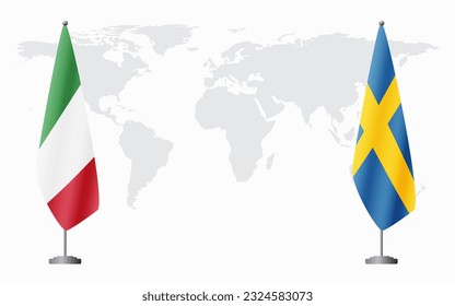 Italy and Sweden flags for official meeting against background of world map.