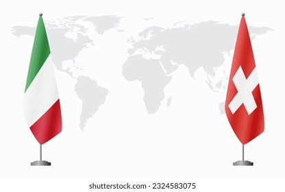 Italy and Switzerland flags for official meeting against background of world map.