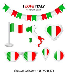 Italy symbols attributes. Heart, flags, glasses, buttons and garlands with civil and state Italian colors. Vector illustration for your graphic design.