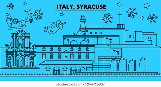 Italy, Syracuse winter holidays skyline. Merry Christmas, Happy New Year decorated banner with Santa Claus.Italy, Syracuse linear christmas city vector flat illustration