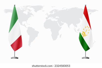 Italy and Tajikistan flags for official meeting against background of world map.