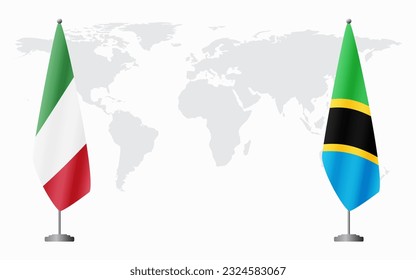 Italy and Tanzania flags for official meeting against background of world map.