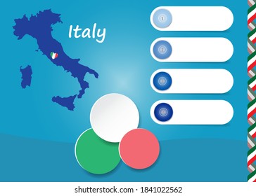 Italy template vector showing blind map of Italy with four blank labels and three circles ready for your text.