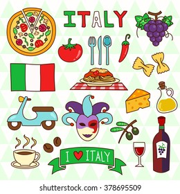 Italy theme vector illustration collection. Cute cartoon objects, food, restaurants themed Italian design elements set in vector EPS 10.
