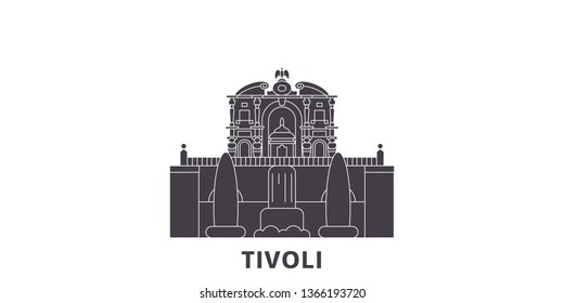 Italy, Tivoli, Villa D'este flat travel skyline set. Italy, Tivoli, Villa D'este black city vector illustration, symbol, travel sights, landmarks.