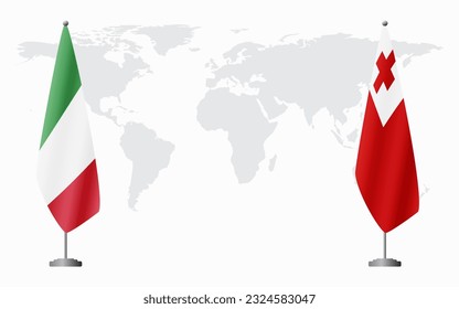 Italy and Tonga flags for official meeting against background of world map.